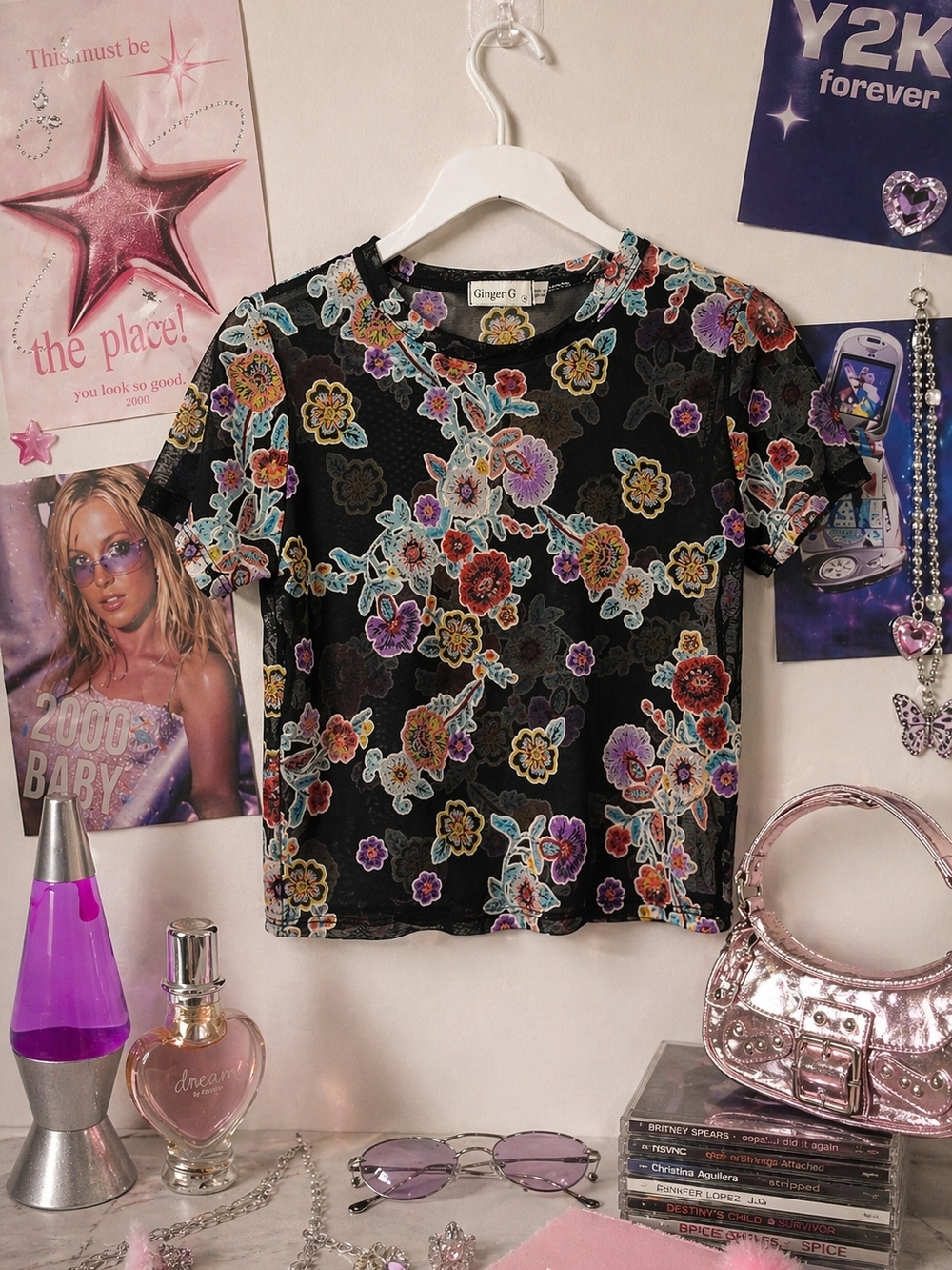 Ginger G Sheer Floral Mesh Top Y2K Small Fairy Grunge